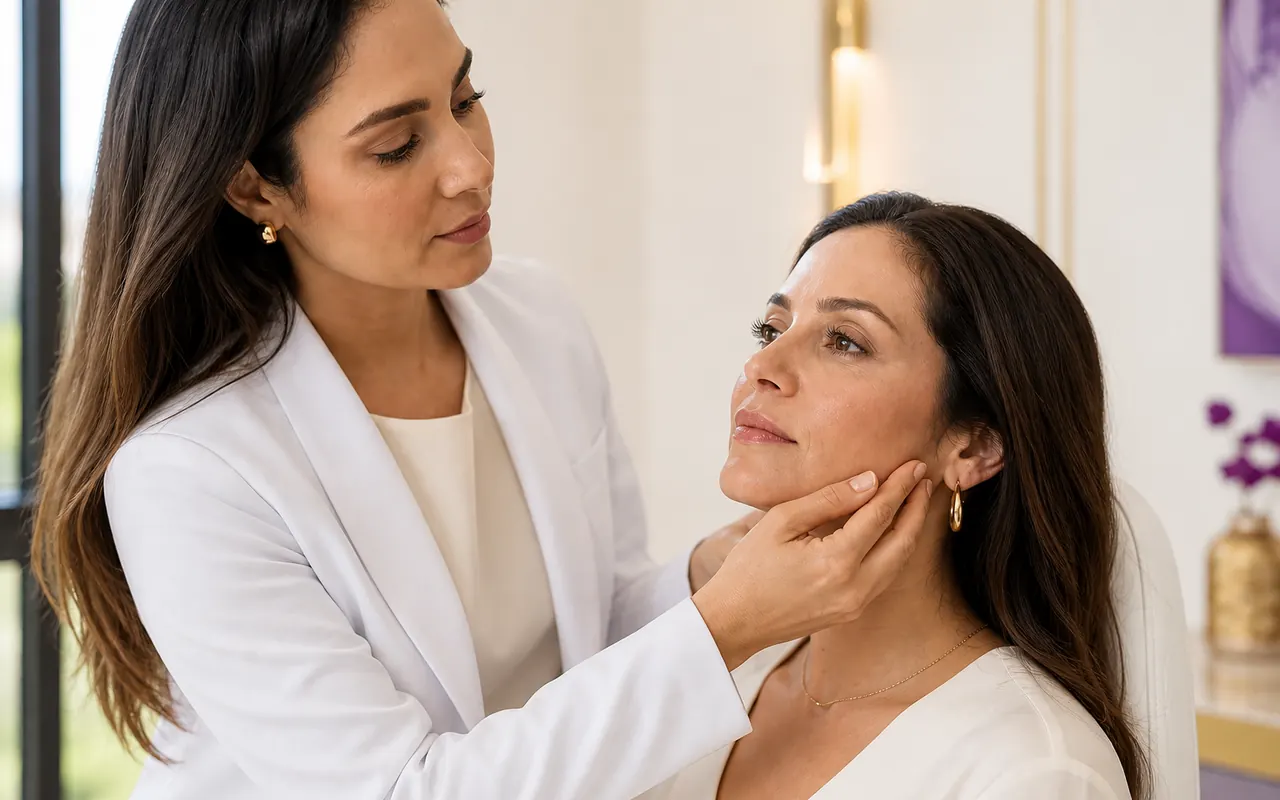 Médica avaliando o contorno facial de uma paciente para lifting