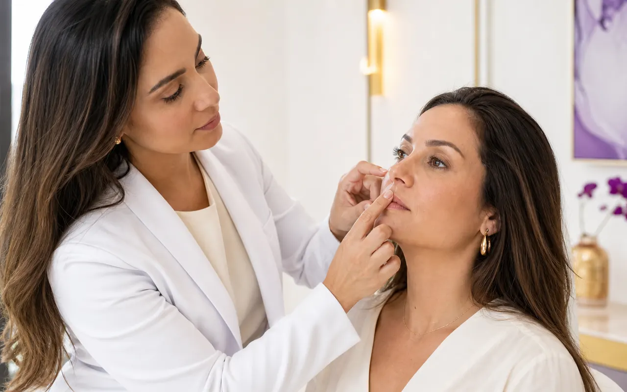 Médica avaliando o contorno labial de uma paciente para lip lift