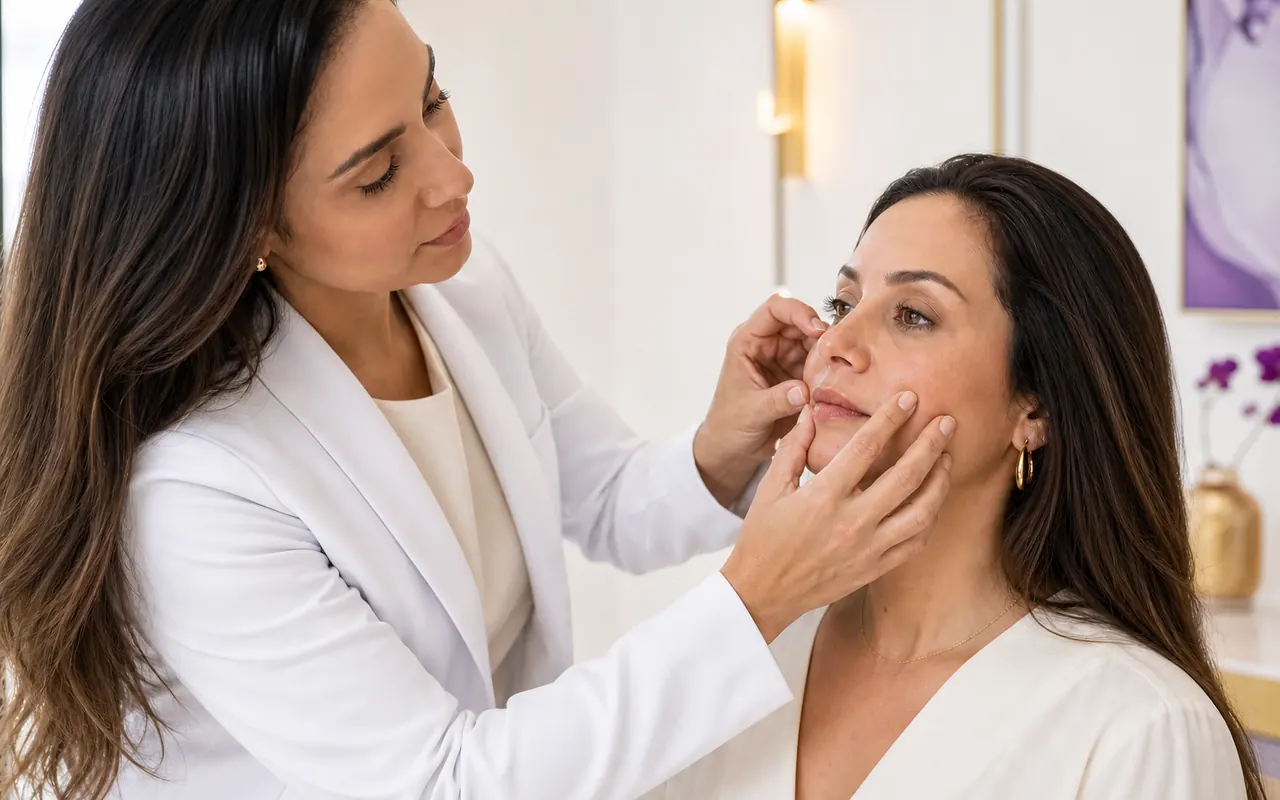 Médica avaliando o volume e o contorno do rosto de uma paciente para preenchimento facial